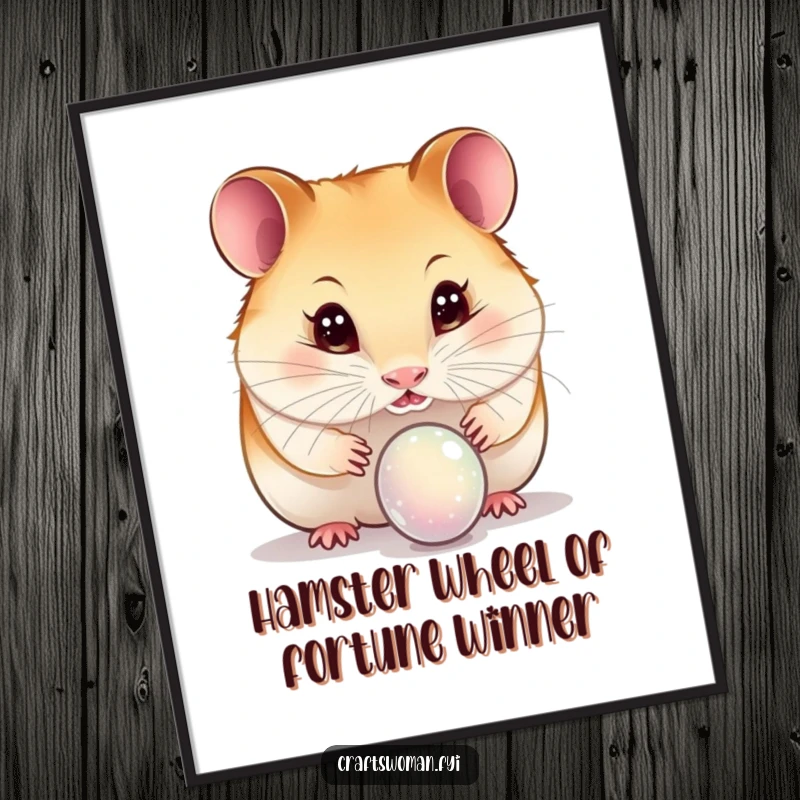 Funny Free Printable Wall Art: A curious hamster with sparkling eyes meticulously inspecting a delicate bead, a charming decoration.