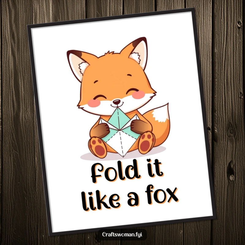 Funny Free Printable Wall Art: A smiling fox with tiny paws meticulously folding colorful origami shapes, adding artistic charm.
