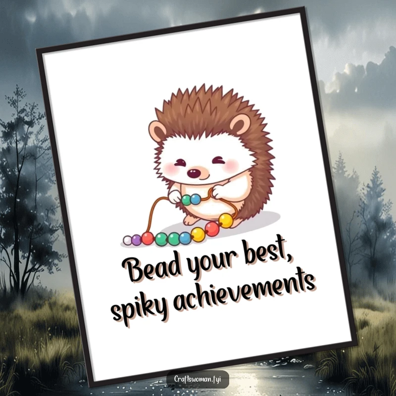Funny free printable wall art depicting a hedgehog with intense concentration, carefully arranging beads onto a long string.