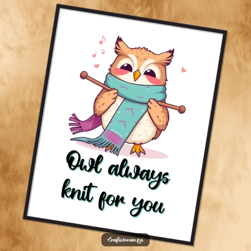 Funny Free Printable Wall Art: A joyful owl humming contentedly while knitting a long, colorful scarf, a cozy decoration.