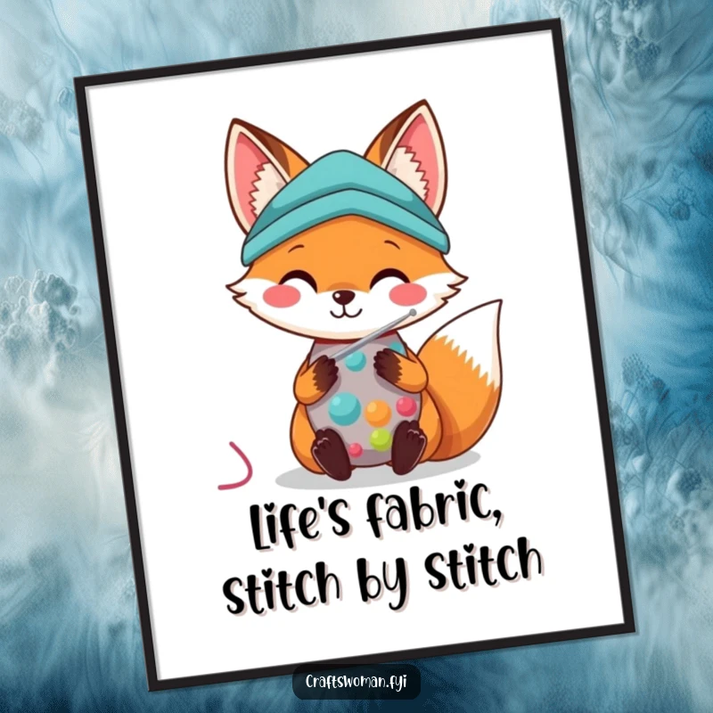 Free Printable Wall Art: A kawaii fox with a big smile expertly uses a sewing needle to stitch colorful, vibrant fabric.