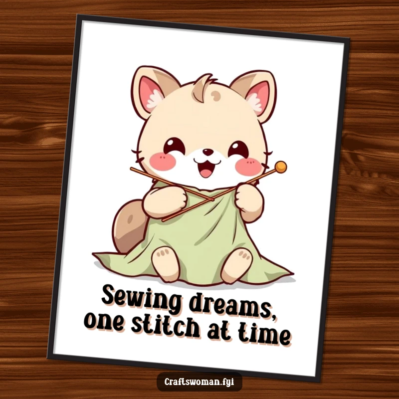 Funny Free Printable Wall Art depicting a cheerful Kawaii animal character enthusiastically stitching a colorful fabric.