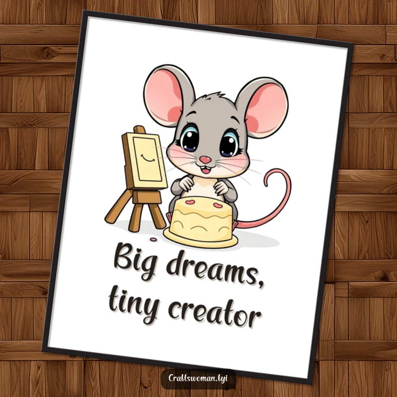 Funny free printable wall art showing a tiny mouse with enormous, amazed eyes staring at an impressive finished creation.