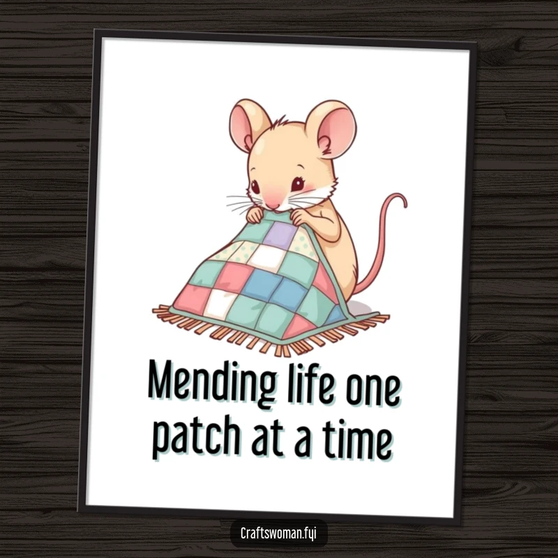 Funny Free Printable Wall Art: A nimble mouse skillfully sewing patches onto a miniature quilt, creating a cozy, charming scene.
