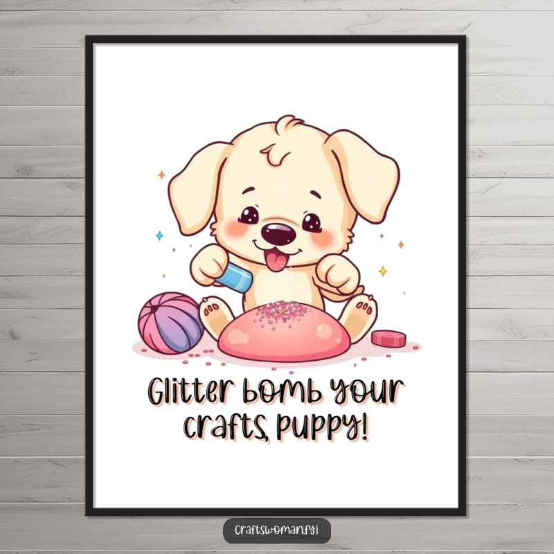Funny Free Printable Wall Art: A playful puppy excitedly adding glitter to a vibrant craft creation with a messy, happy look.