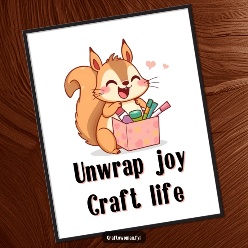 Funny Free Printable Wall Art: Joyful squirrel unboxing tiny craft supplies, perfect for a whimsical and humorous decor.