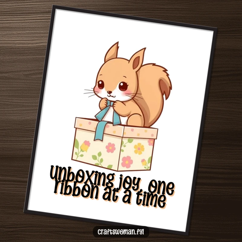 Funny free printable wall art of a cheerful squirrel meticulously tying a ribbon on a perfectly wrapped gift box.