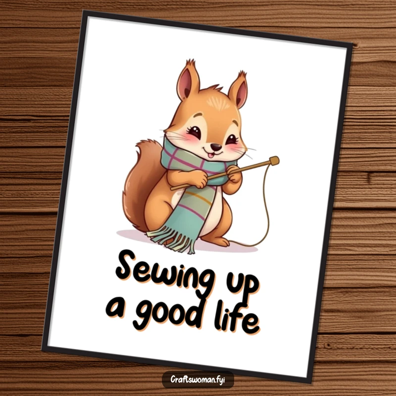 Funny Free Printable Wall Art: Adorable squirrel happily stitching a vibrant scarf, a whimsical and cozy art piece.