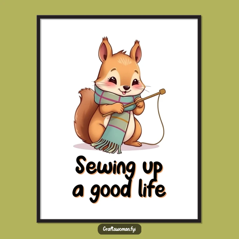 Funny Free Printable Wall Art: Squirrel Stitching Scarf, Whimsical Craft Downloadable Decor