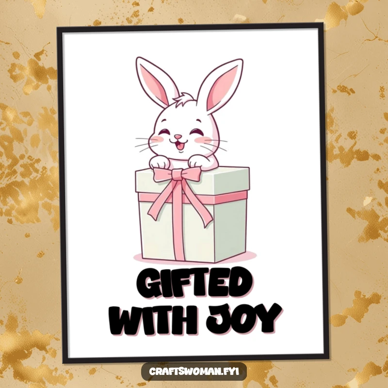 Funny Free Printable Wall Art: A giggling bunny expertly ties a ribbon around a beautifully wrapped gift box with pure delight.