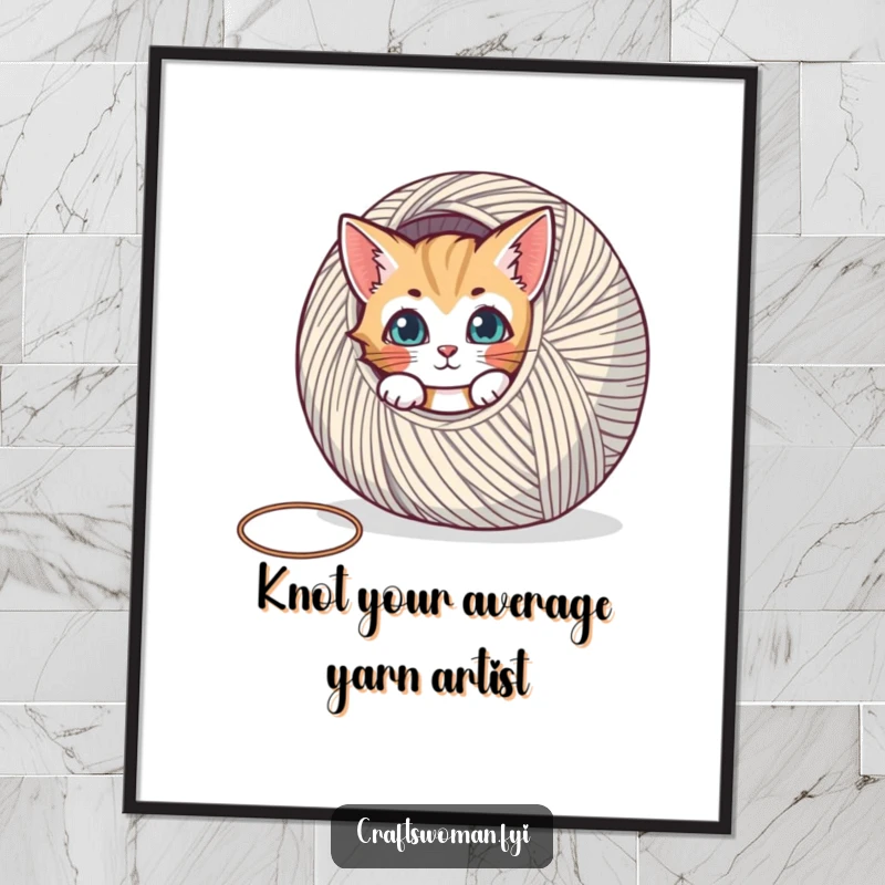 Funny Free Printable Wall Art: Curious cat peeking from a giant yarn spool, bringing playful vibes.