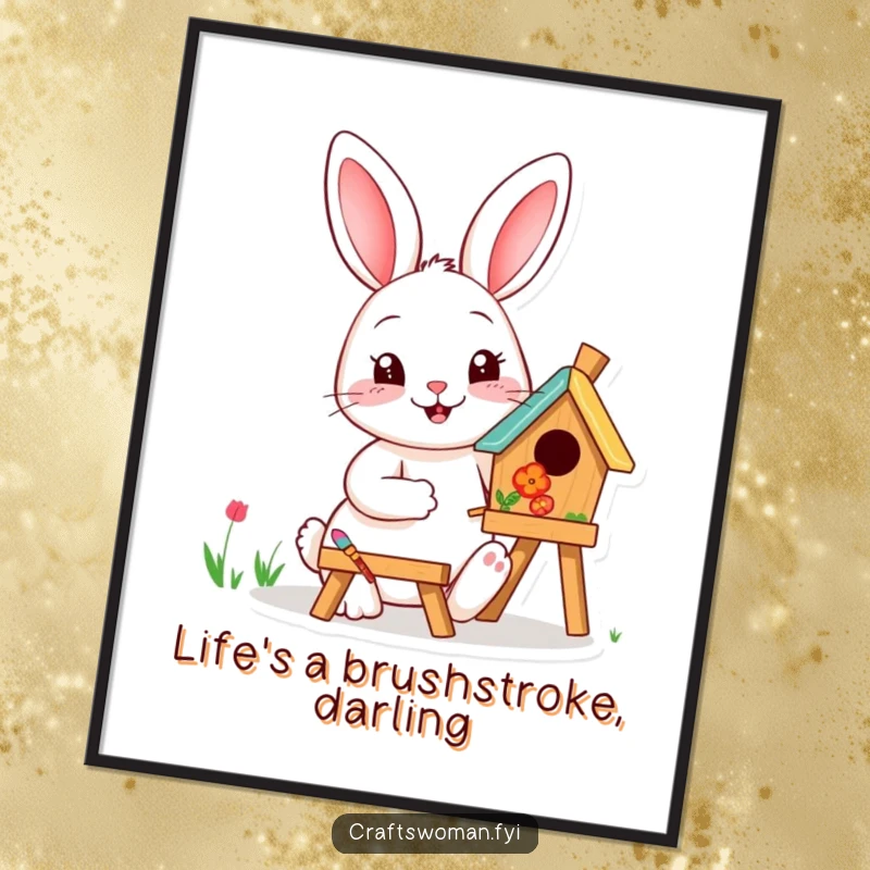 Funny free printable wall art of a happy rabbit cheerfully painting a small wooden birdhouse with vivid, cheerful colors.