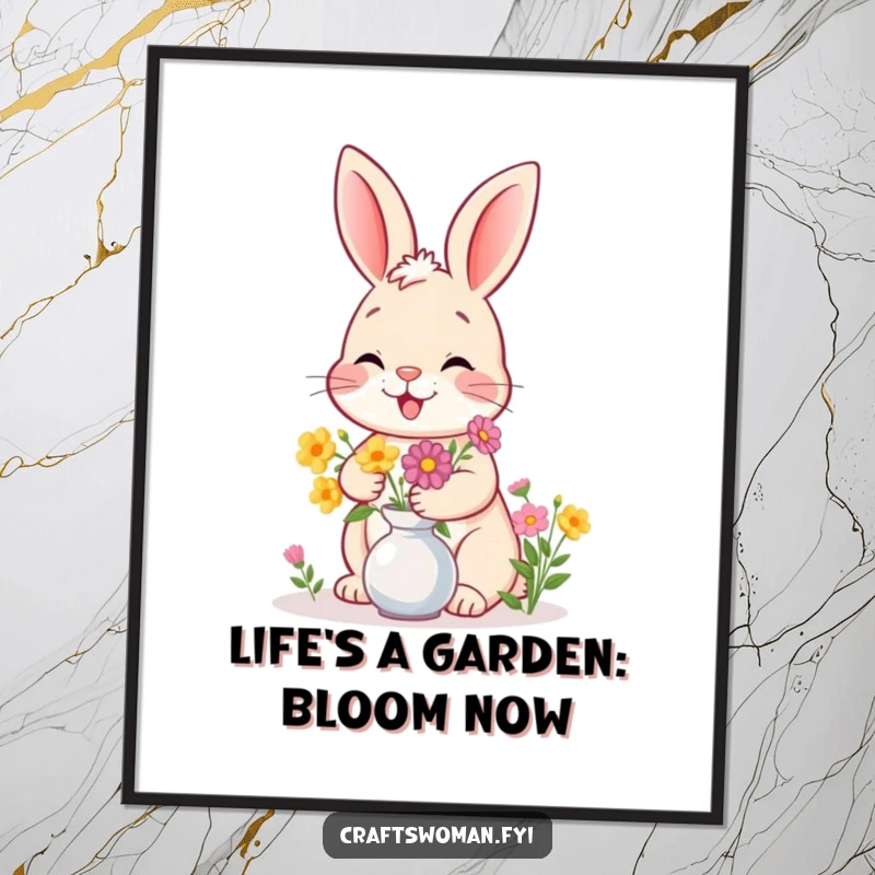 Funny Free Printable Wall Art: A giggling bunny humorously arranging flowers in a vase, great for DIY decor.