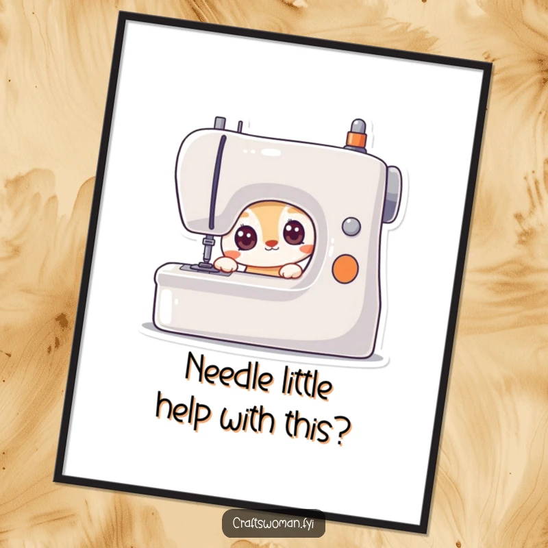 Funny Free Printable Wall Art: A curious animal character with wide, eager eyes peers intently at a sewing machine.