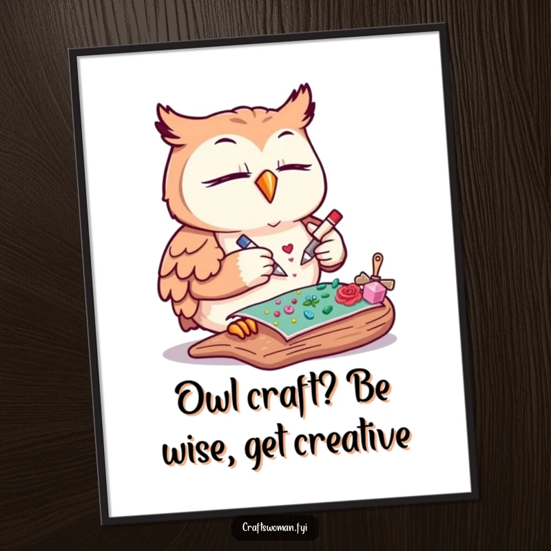 Funny Free Printable Wall Art: A content owl meticulously gluing decorative elements onto a craft project, focused and creative.