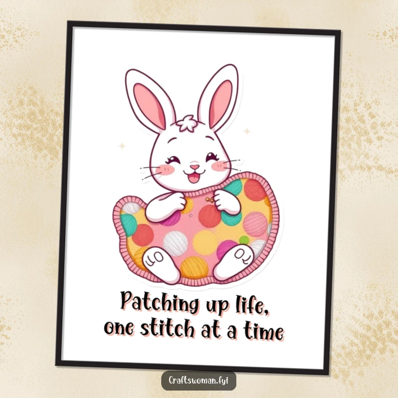 Funny Free Printable Wall Art: Cheerful bunny character enthusiastically sewing a large, colorful patch, depicting industrious creativity and joy.