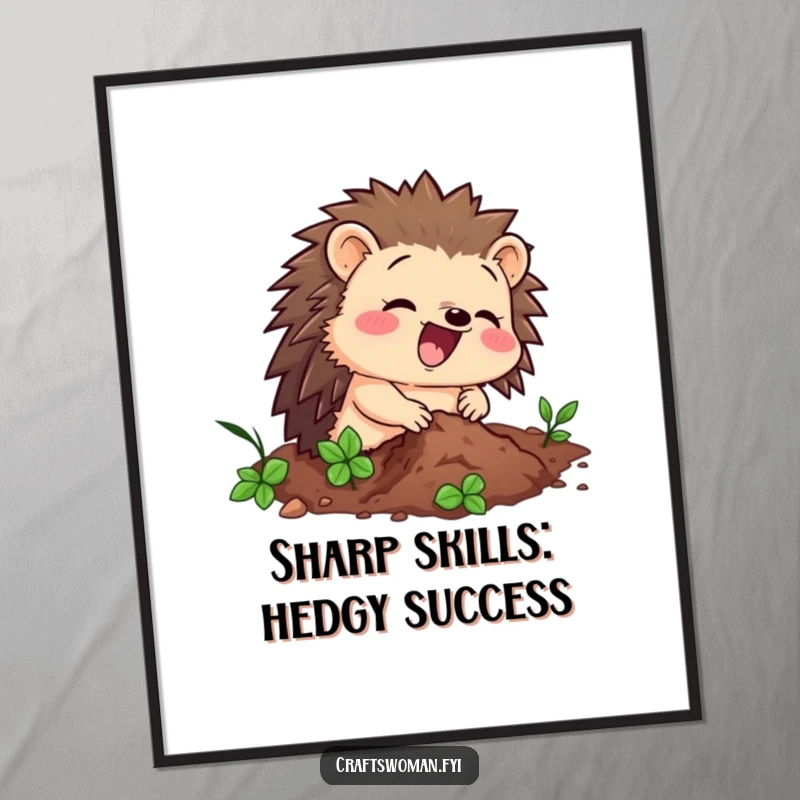 Funny Free Printable Hedgehog Wall Art: A delighted hedgehog enthusiastically hammering a tiny nail, DIY decor.