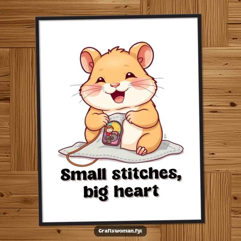Funny Free Printable Wall Art: Joyful hamster meticulously sewing a colorful patch onto a garment, a whimsical art piece.