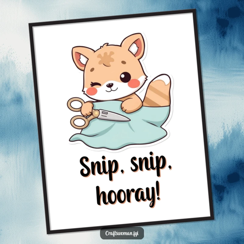 Funny Free Printable Wall Art: A cheerful animal character carefully cuts a piece of material with tiny, playful scissors.