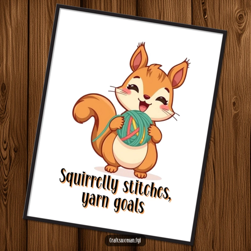 Funny Free Printable Wall Art: Cute squirrel excitedly holding a colorful yarn ball, mid-stitch, adding a crafty touch.