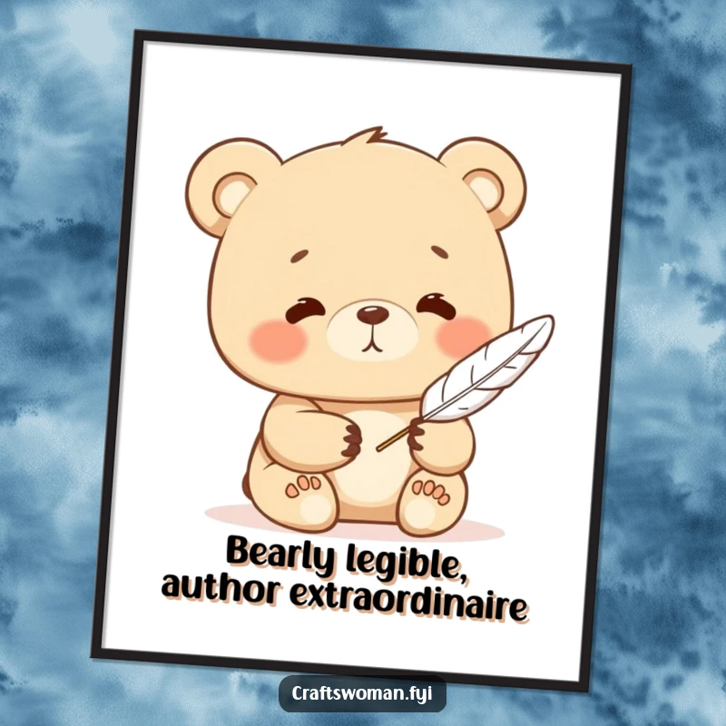 Funny Free Printable Wall Art: A contented bear character sits calmly, delicately holding a feather quill, ready to write.