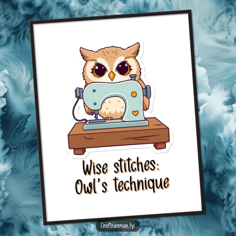 Funny Free Printable Wall Art: A curious owl expertly operates a miniature sewing machine, creating a detailed stitch.