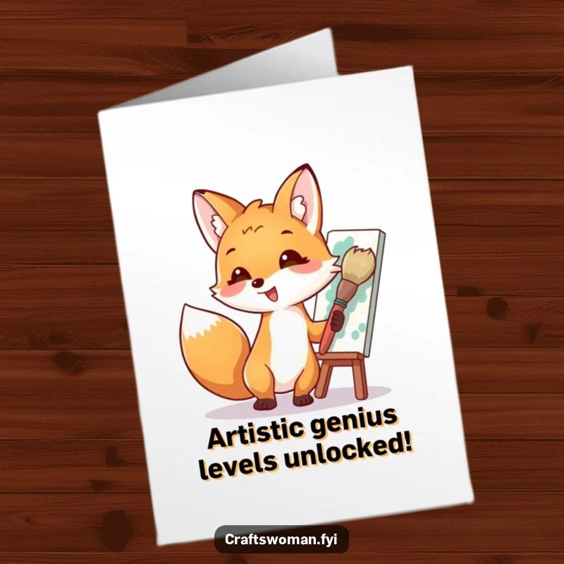 Funny Free Printable Birthday Card: Goofy fox gleefully paints a colorful masterpiece with a giant brush, spreading artistic joy.