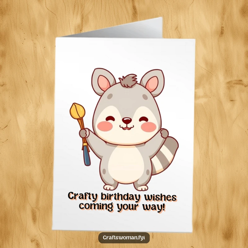 Funny Free Printable Birthday Card: A happy cat proudly displays a colorful, finished craft, ready to bring smiles.