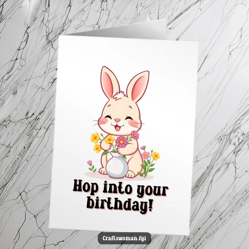 Funny Free Printable Birthday Card: A giggling bunny arranging flowers with flair, a charming downloadable gift.