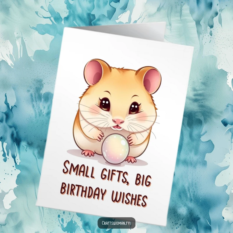 Funny Free Printable Birthday Card: A curious hamster with sparkling wide eyes inspecting a delicate bead, celebrating your day.