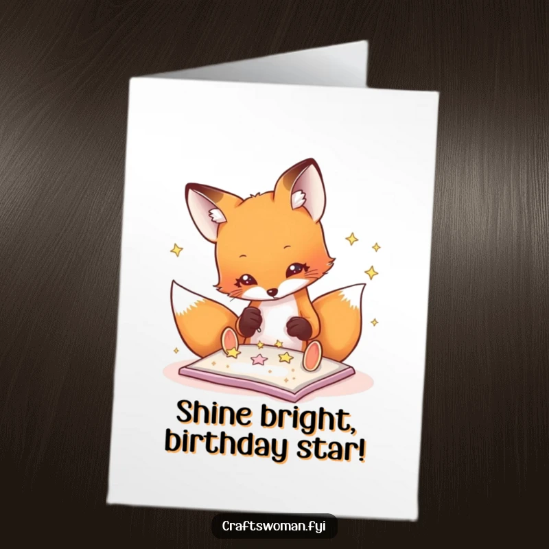 Funny Free Printable Birthday Card: A playful fox gluing glittering stars, a unique and sparkly downloadable gift.