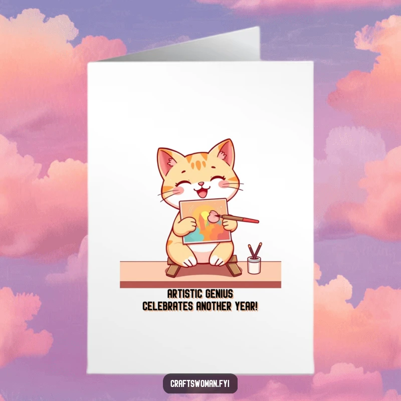 Funny Free Printable Birthday Card: A happy cat artist joyfully paints a colorful birthday picture on a canvas.