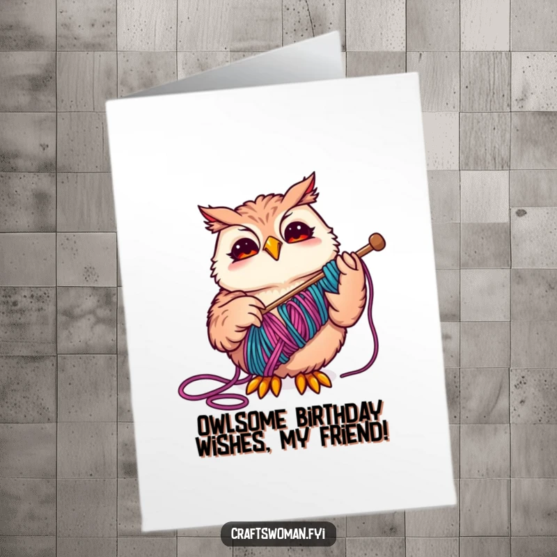 Funny Free Printable Birthday Card featuring a joyful owl skillfully threading colorful yarn, ready to stitch up some birthday cheer.