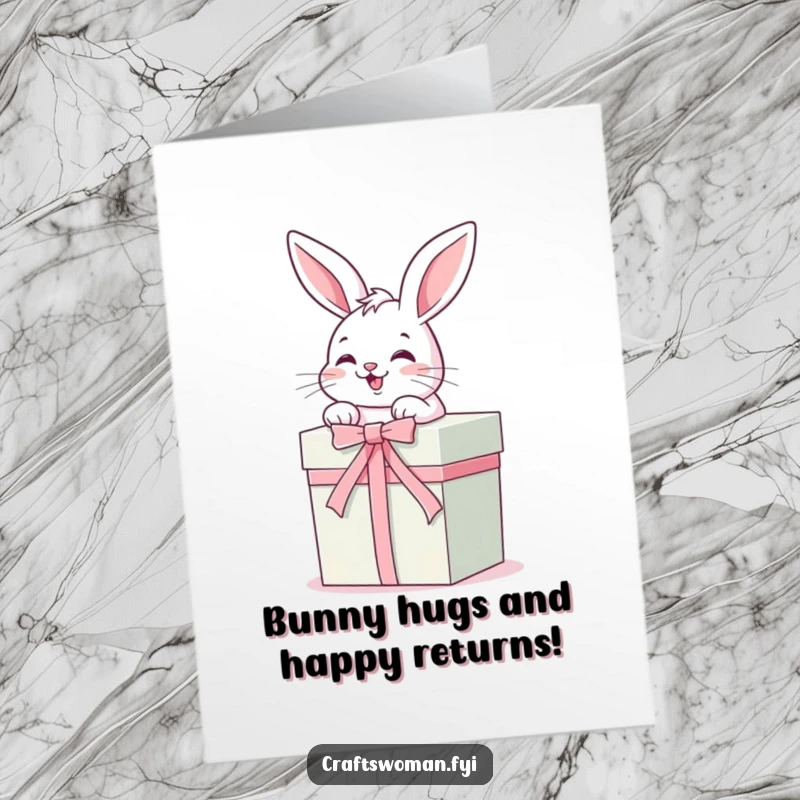 Funny Free Printable Birthday Card: A giggling bunny happily ties a festive ribbon around a beautifully wrapped gift box.