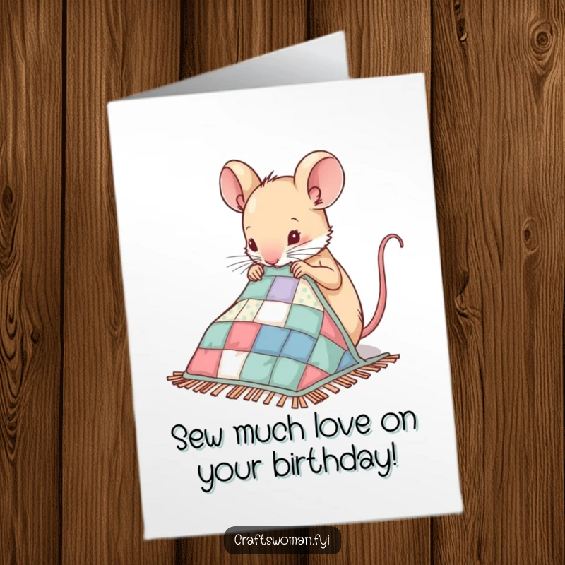 Funny Free Printable Birthday Card featuring a nimble mouse expertly sewing patches onto a tiny quilt, crafting birthday joy.