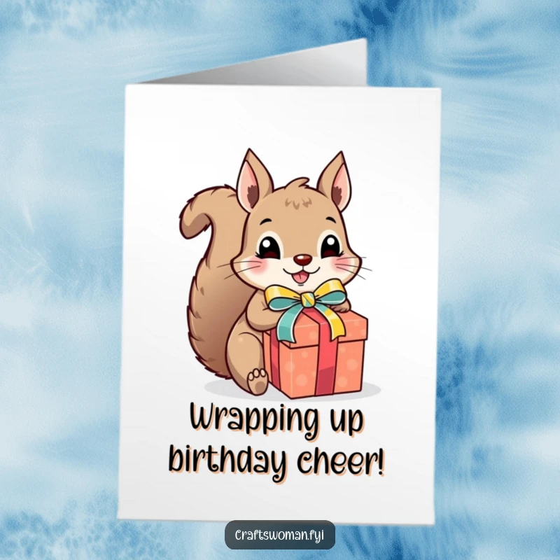 Funny Free Printable Birthday Card: Cute squirrel excitedly wrapping a gift with colorful ribbon and a bow.