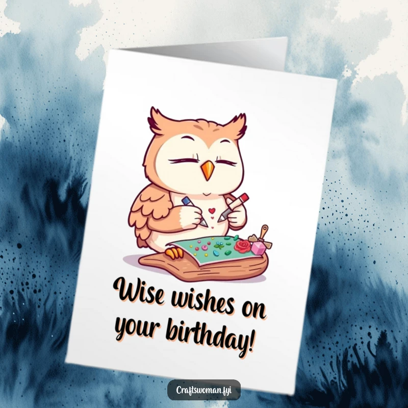 Funny Free Printable Birthday Card: Content owl meticulously gluing decorative elements onto a craft project with a smile.