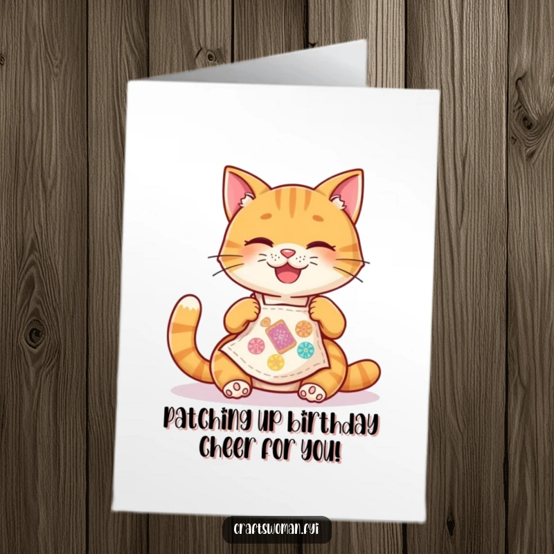 Funny Free Printable Birthday Card: Happy cat in apron joyfully stitching a colorful patch for a birthday celebration.