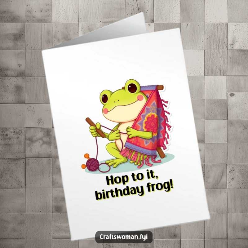 Funny Free Printable Frog Birthday Card: Cheerful frog sewing a colorful tapestry, perfect for a crafty friend's special day.