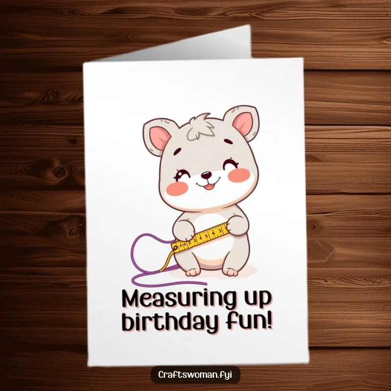 Funny Free Printable Birthday Card: A happy animal uses a measuring tape to accurately measure a long strand of yarn.