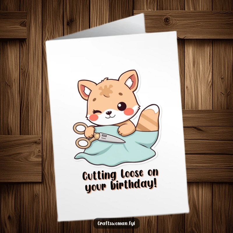 Funny Free Printable Birthday Card: A playful animal carefully cuts fabric with oversized, fun scissors, ready to create.