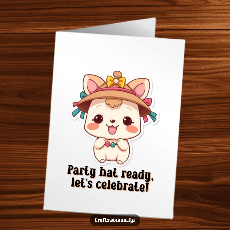 Funny Free Printable Birthday Card: A smiling animal character joyfully decorates a colorful hat with ribbons and beads, ready for a celebration.