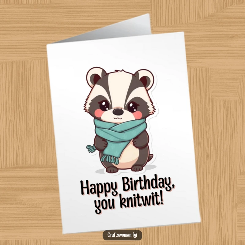 Funny Free Printable Happy Birthday Card: A whimsical badger proudly shows off a slightly lopsided knitted scarf.