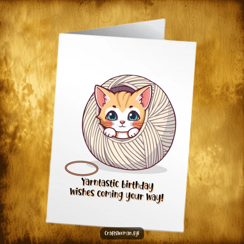 Funny Free Printable Birthday Card: Curious cat peeking from yarn, ready to pounce on birthday fun.