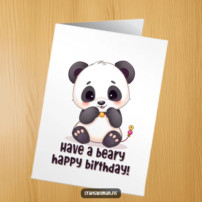 Funny Free Printable Birthday Card: Playful panda carefully places beads onto a string with its paws, celebrating joyfully.