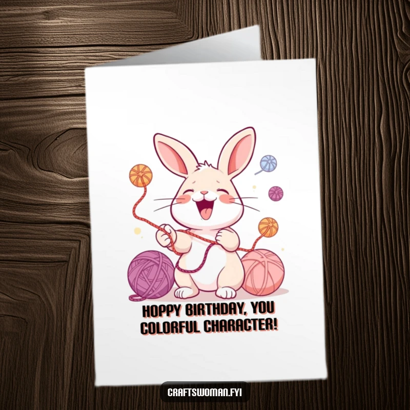 Funny Free Printable Birthday Card: A cheerful rabbit laughs heartily while juggling multiple colorful balls of yarn in the air.