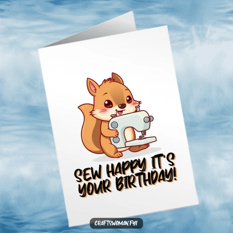 Funny Free Printable Birthday Card: Determined squirrel cheerfully pushing a tiny sewing machine, ready to craft birthday wishes.