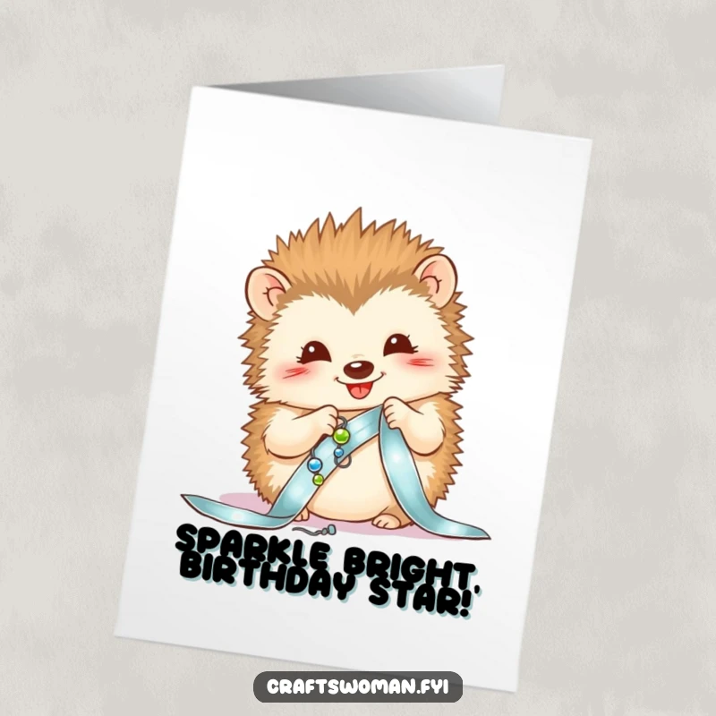 Funny Free Printable Birthday Card: A delighted hedgehog carefully sews colorful beads onto a shiny ribbon.