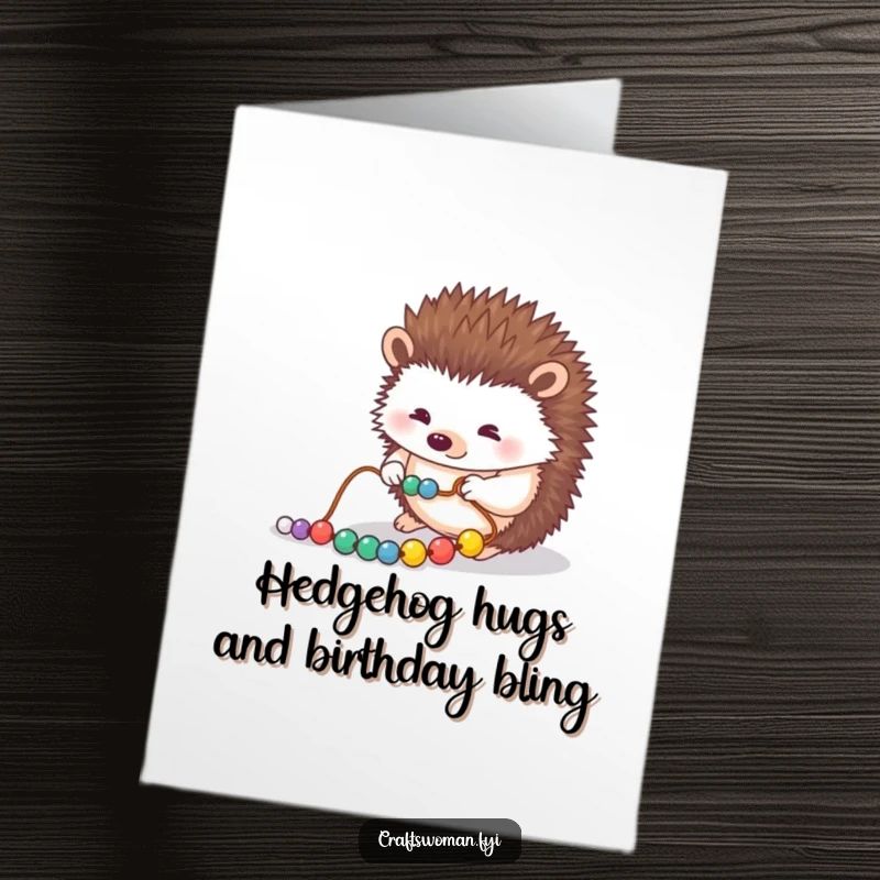 Funny free printable birthday card showing a focused hedgehog carefully threading colorful beads onto a string.