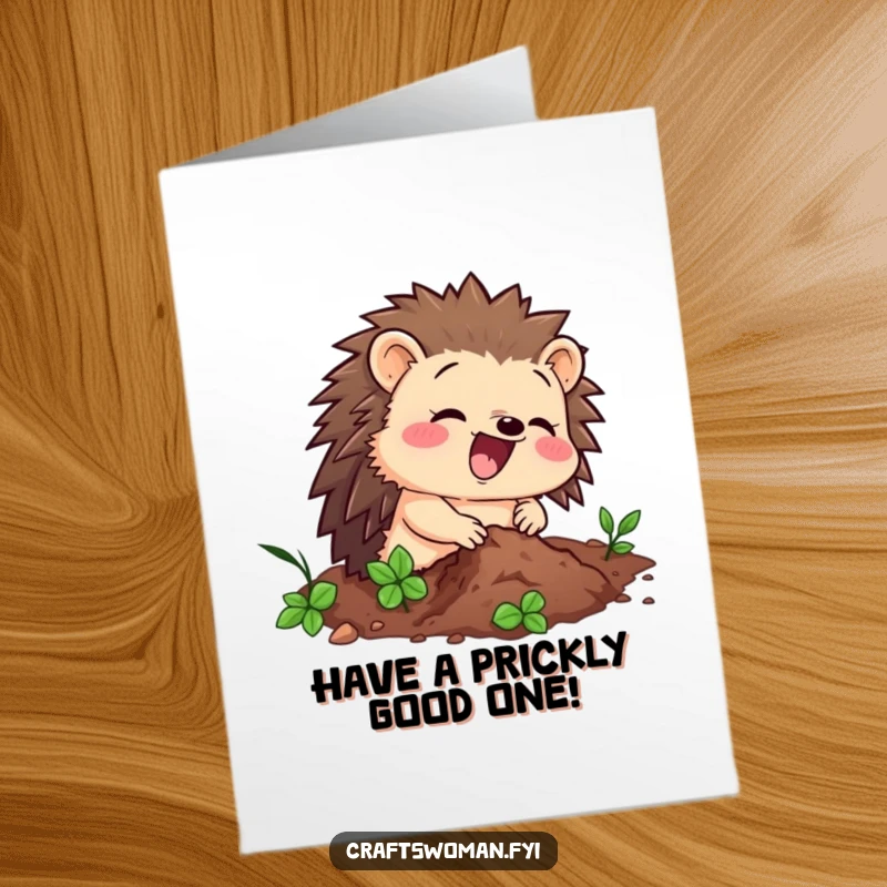 Funny Free Printable Hedgehog Birthday Card: A delighted hedgehog enthusiastically hammering a tiny nail, a quirky DIY gift.